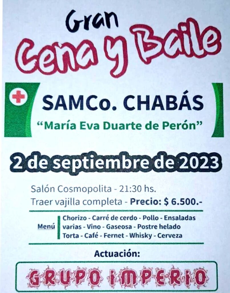 Flyer de invitación para la Cena y Baile, cumpleaños SAMCo Chabás