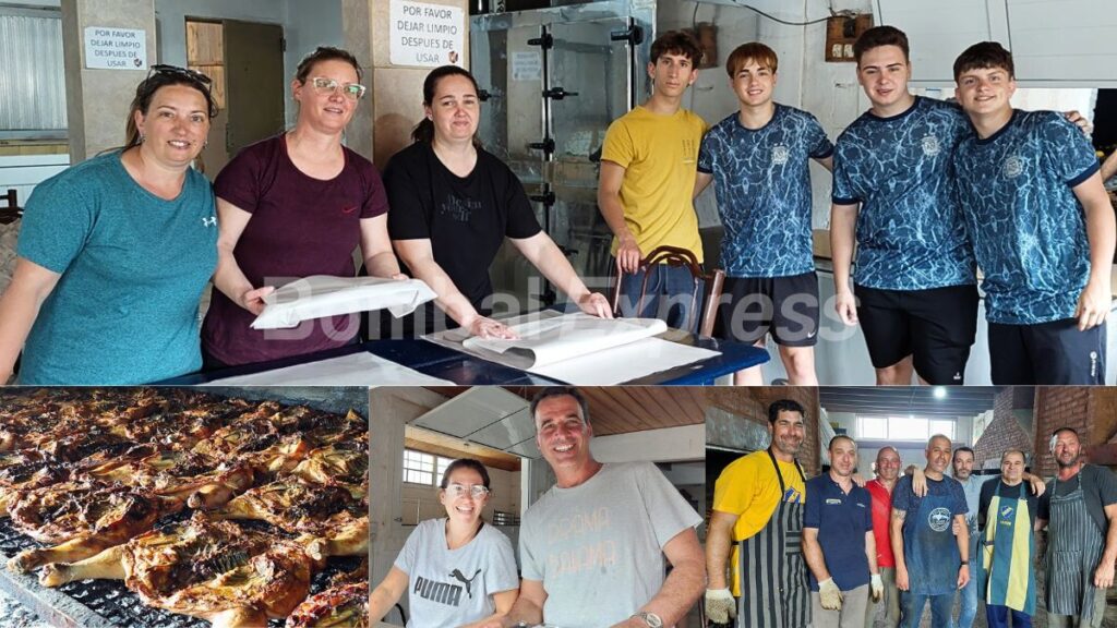 Flyer de la gran pollada en Bombal, con imágenes de los organizadores y los pollos en la parrilla.