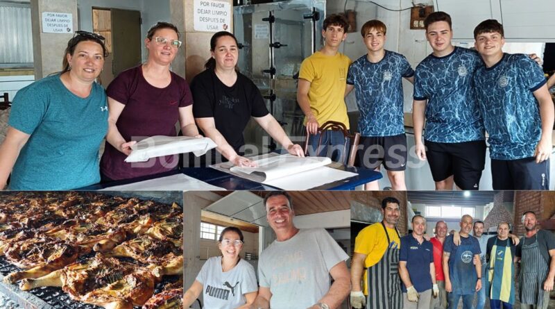 Flyer de la gran pollada en Bombal, con imágenes de los organizadores y los pollos en la parrilla.