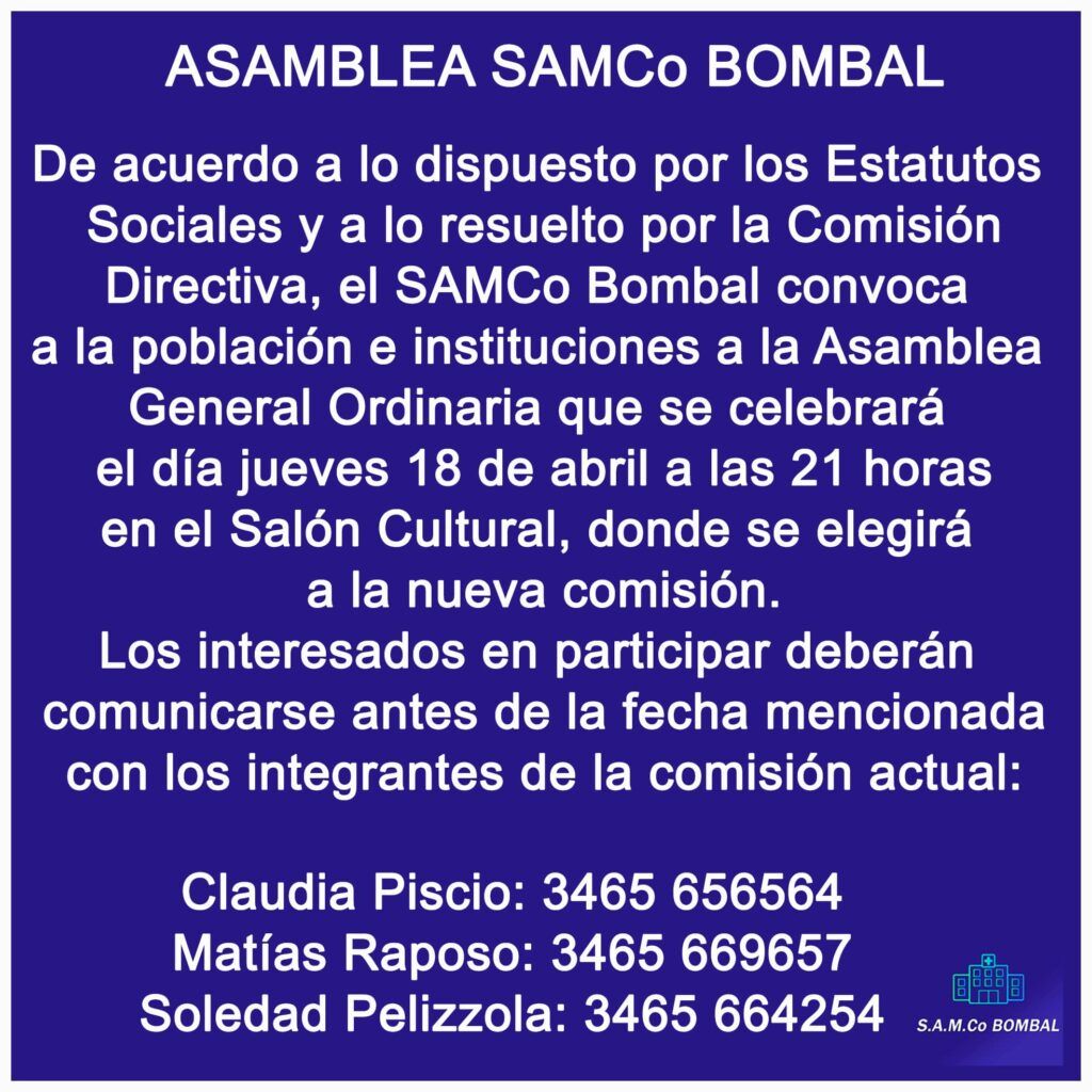 Convocatoria a la Asamblea del SAMCo Bombal.