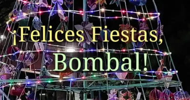 ¡Felices Fiestas 2025, Bombal! Mensaje escrito con fondo de arbolito navideño decorado.